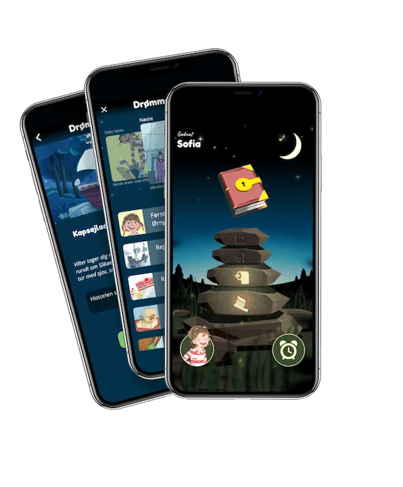 Vilters app 3 skærme med hvid tekst