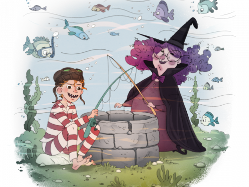 Vilter og heks ved brønd under vandet