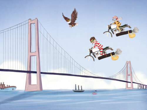 Vilter på luftmotorcykel over Storebæltsbroen