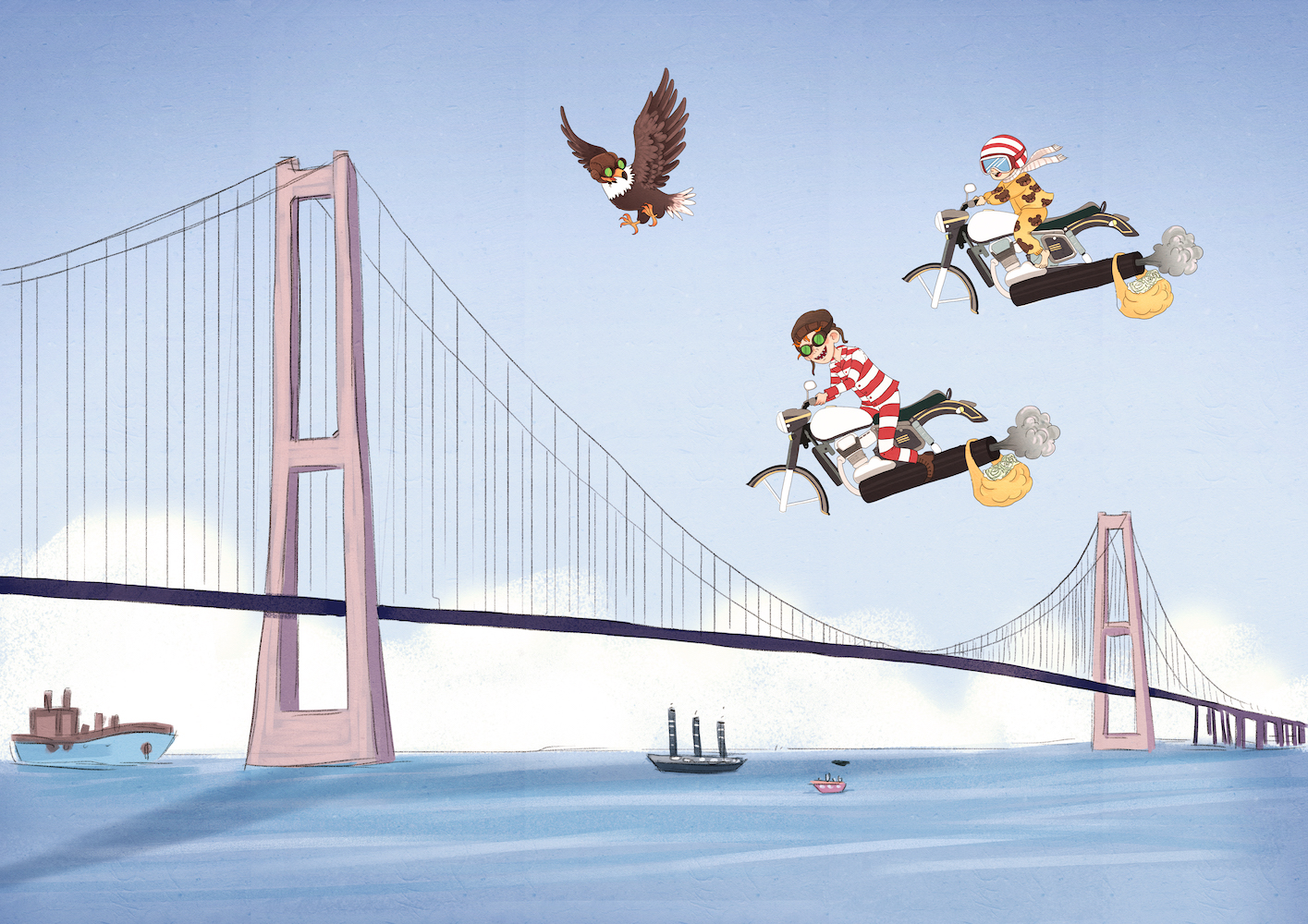 Vilter på luftmotorcykel over Storebæltsbroen